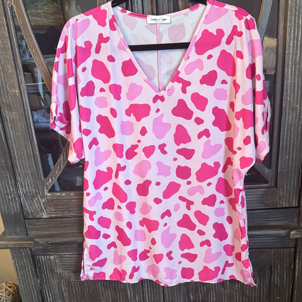 Pink Patterned V-Neck Women's Top